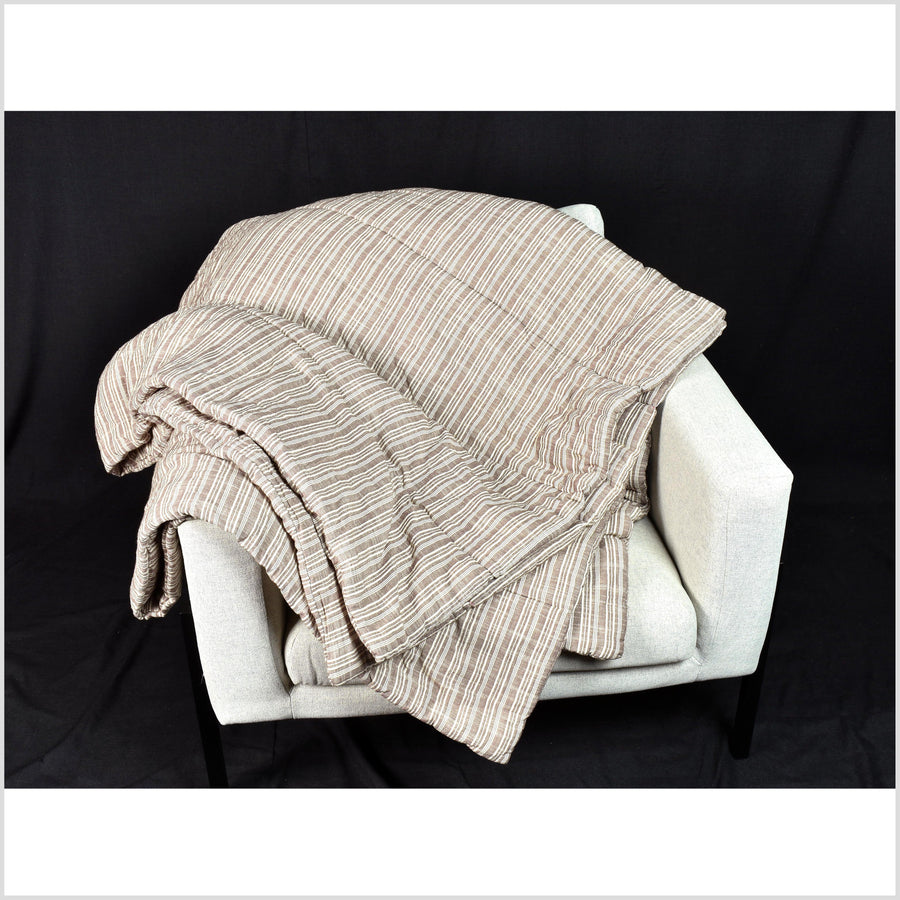 Handmade quilt, chalky brown/off-white stripe pattern, 100% cotton bed throw, medium weight, all natural fabric, pure cotton batting QLT3