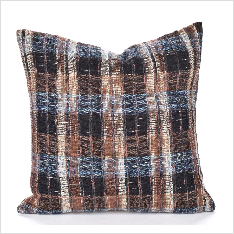 12 in. square cushion, handwoven natural dye cushion, Hmong bohemian home decor, black brown beige blue textured pillowcover LL8
