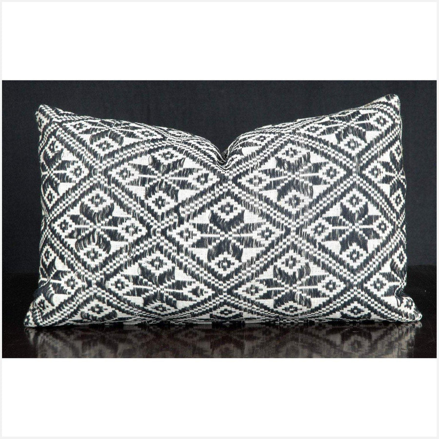 14 x 22 inch lumbar throw pillow, traditional Laos tribal textile, hand woven cotton black white ethnic fabric, decorative cushion. SUN7