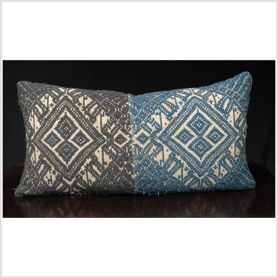 14 x 26 inch decorative pillow, lumbar rectangle throw pillow Laos tribal textile, vintage hand woven cotton indigo white ethnic fabric TT22