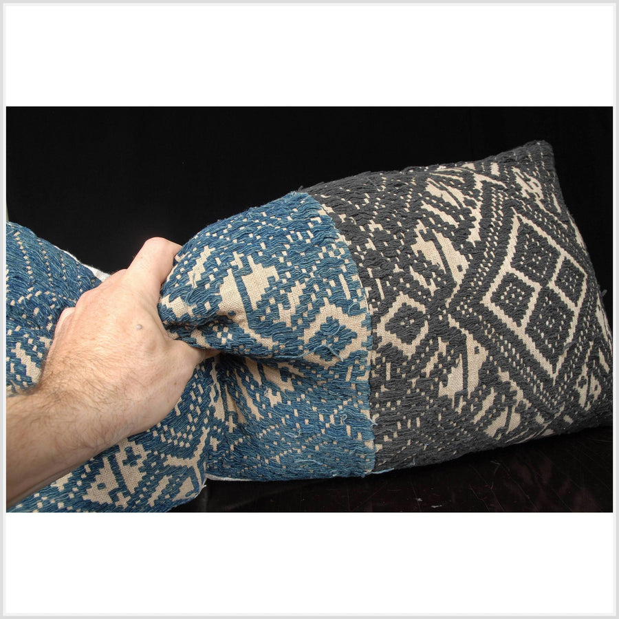 14 x 26 inch decorative pillow, lumbar rectangle throw pillow Laos tribal textile, vintage hand woven cotton indigo white ethnic fabric TT22