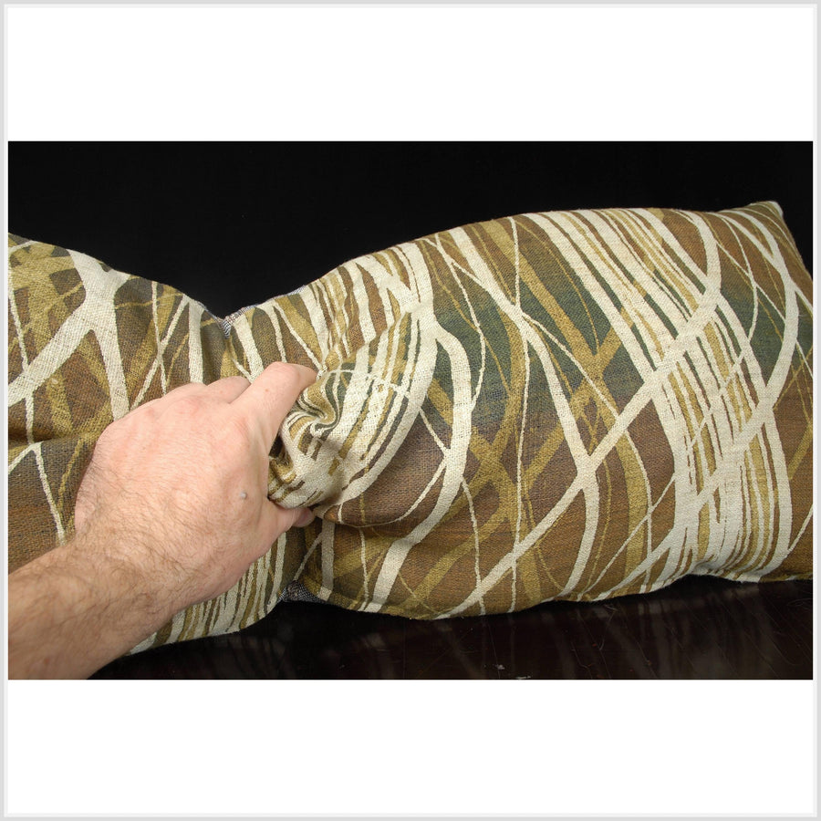 14 x 30 inch lumbar throw pillow, green white brown jungle batik hemp tribal textile, handwoven ethnic fabric, decorative cushion. TT10