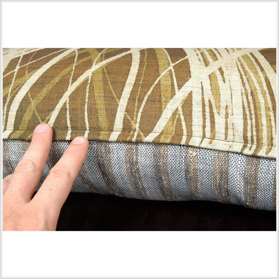 14 x 30 inch lumbar throw pillow, green white brown jungle batik hemp tribal textile, handwoven ethnic fabric, decorative cushion. TT10