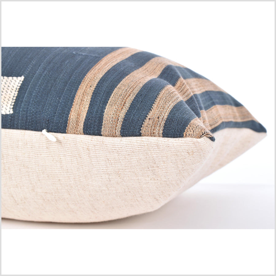14 x 39 inch bed pillow, ethnic long lumbar cushion, blue indigo, cream, beige, Naga tribal handwoven cotton pillowcase PP73