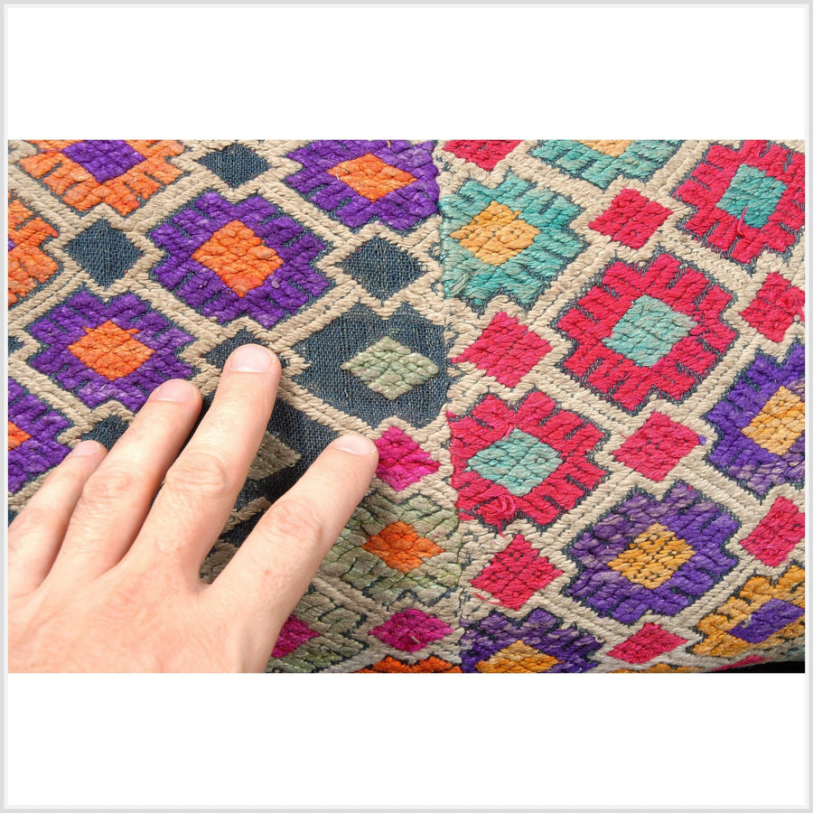 16 x 23 inch decorative lumbar pillow, Laos tribal textile, vintage hand woven silk cotton cloth, multi-color ethnic fabric cushion. TT18