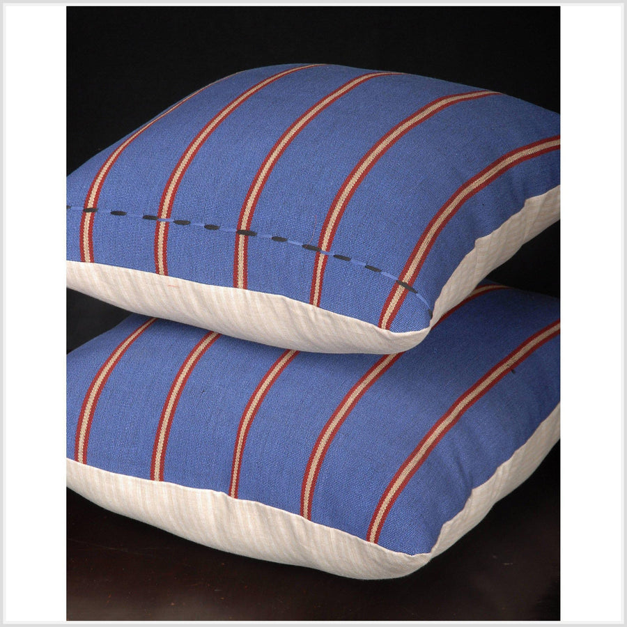18 inch square throw pillow Naga tribal fabric boho blanket ethnic handwoven cotton linen vintage blue beige design India fabric DE26