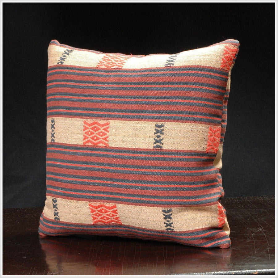 18 x 18 inch decorative throw pillow from traditional Naga tribal fabric, ethnic hand woven cotton blue red tan India fabric. PIL9