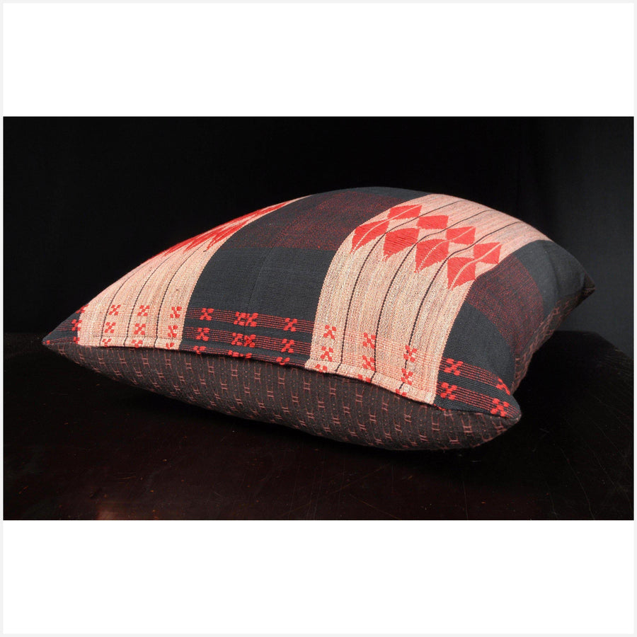 18 x 18 inch throw pillow Naga tribal fabric blanket ethnic handwoven cotton red pink black geometric design India fabric boho cushion. SM27