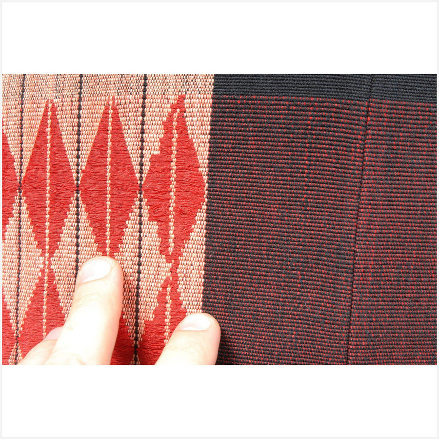 18 x 18 inch throw pillow Naga tribal fabric blanket ethnic handwoven cotton red pink black geometric design India fabric boho cushion. SM27