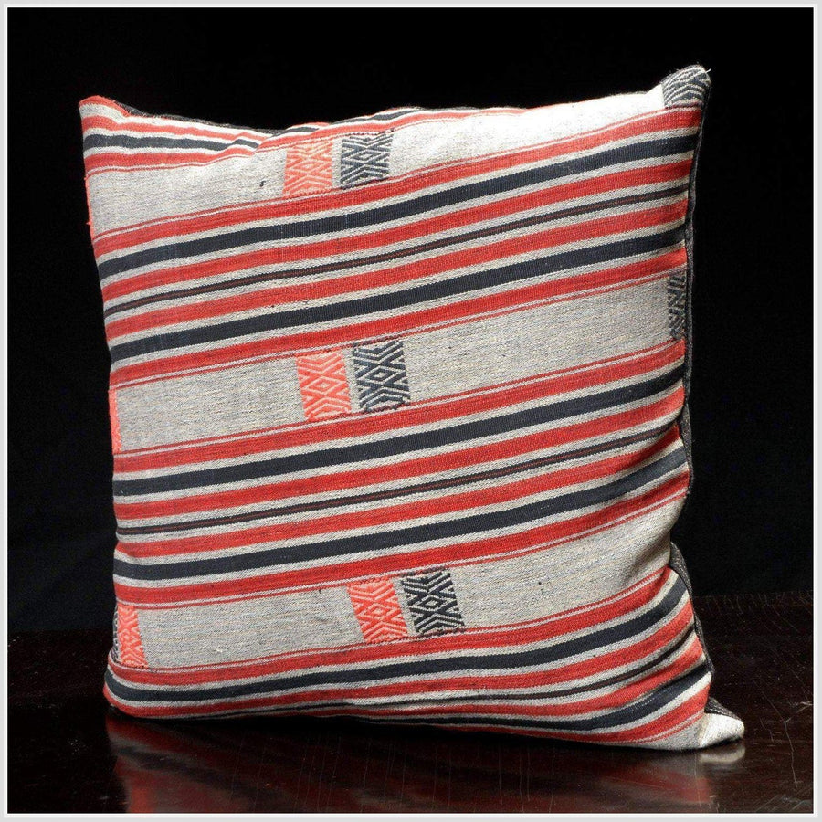 20 x 20 inch decorative pillow from traditional Naga tribal textile, ethnic hand woven cotton black orange grey India fabric. PIL3