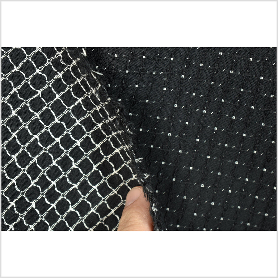 Alluring deep black cotton fabric, surface-woven white highlights, textured hand feel, Thailand woven craft by yard PHA277