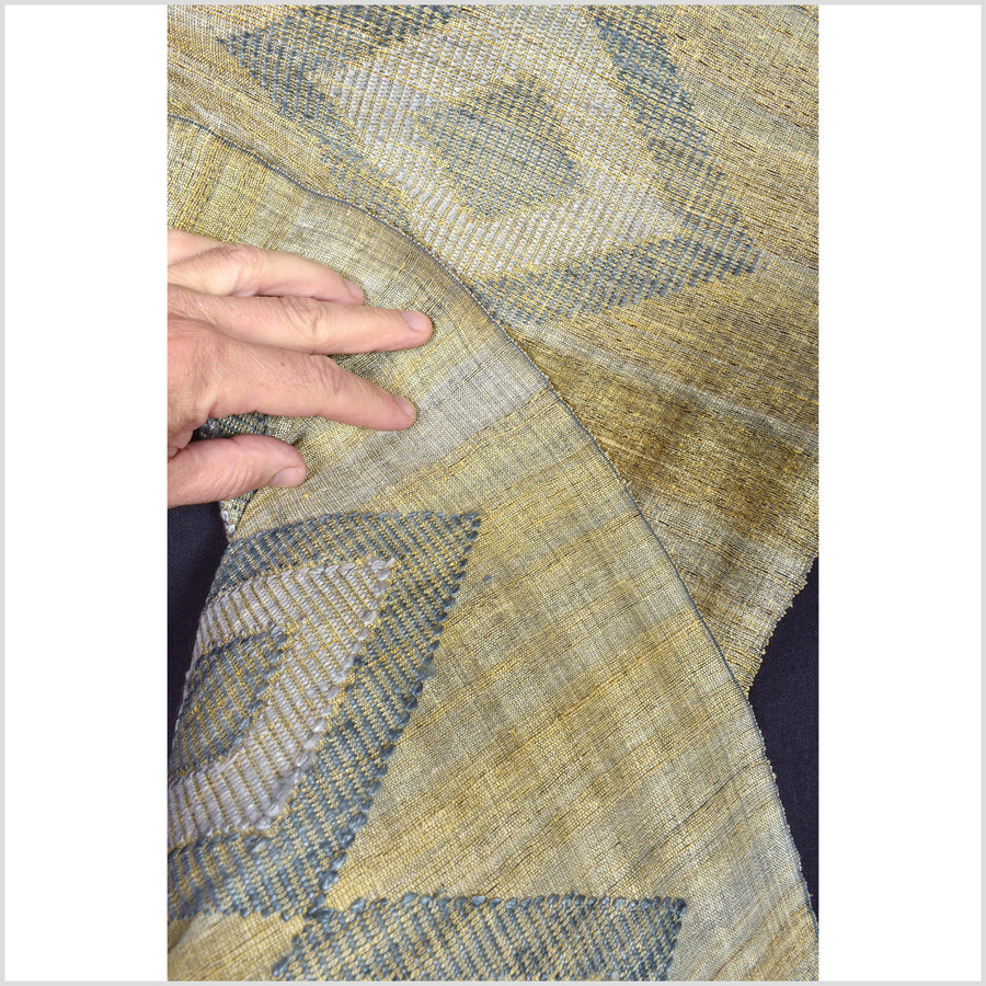 Amazing handwoven gray green golden 100% raw silk table runner, Laos tapestry textile, rustic natural dye boho ethnic wall art decor RB93