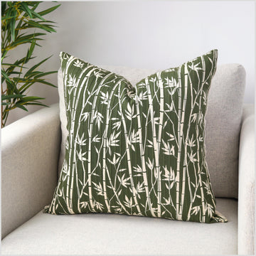 Amazing olive green & cream cotton throw pillow, handwoven bamboo print pattern fabric, choose your shape and size decorative cushion YY110
