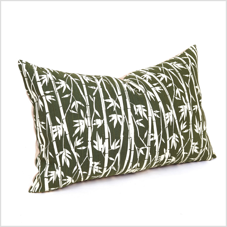 Bamboo print olive green cream cotton throw pillow, handwoven oatmeal & cream ribbed fabric, Boho jungalow style decorative cushion YY102