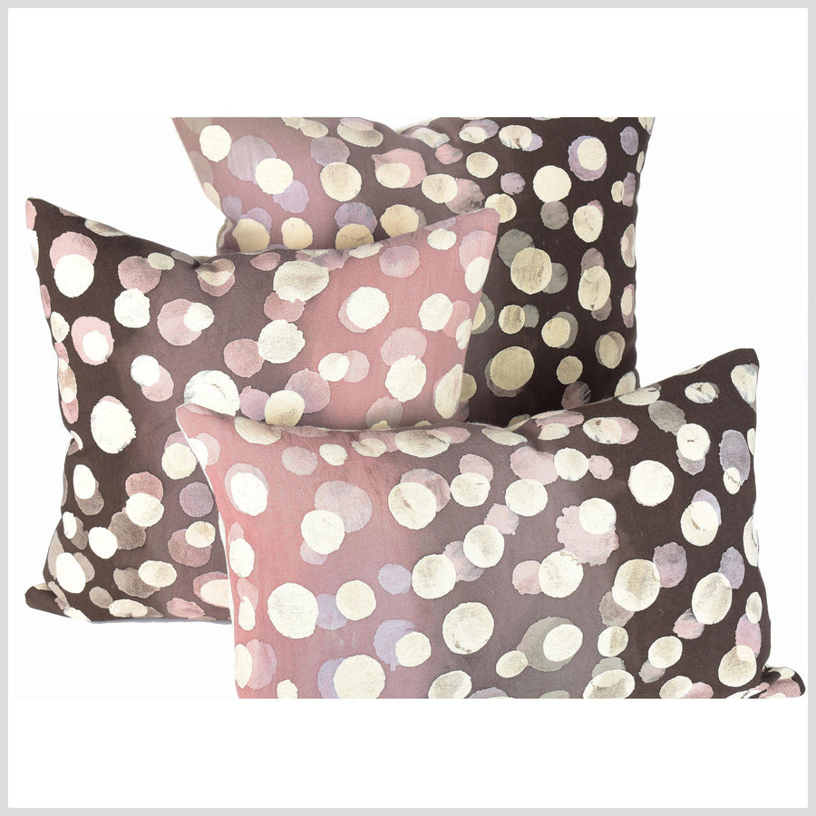 Batik boho pillowcase, psychedelic home decor cushion, handmade natural dye, dark brown, blush, cream lavender color cotton throw pillow, eclectic style QQ42