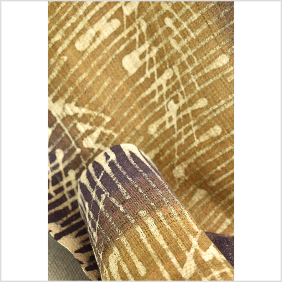 Batik hemp roll, handmade, hand-painted abstract graphic runner, brown, saffron,, beige organic botanic snakeskin design RN54