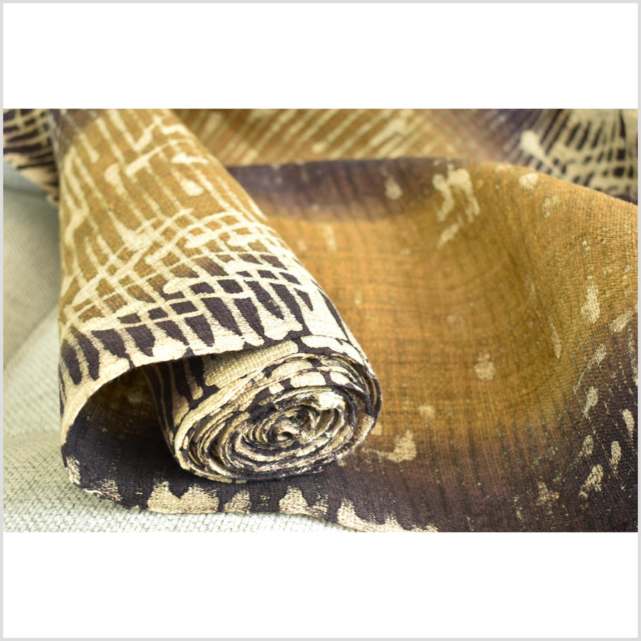 Batik hemp roll, handmade, hand-painted abstract graphic runner, brown, saffron,, beige organic botanic snakeskin design RN54
