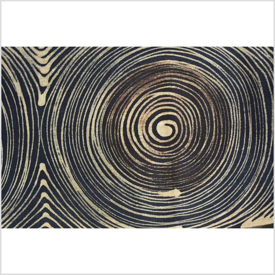 Batik hemp roll, handmade, hand-painted circle swirl graphic runner, brown, black, beige geometric spiral design RN59