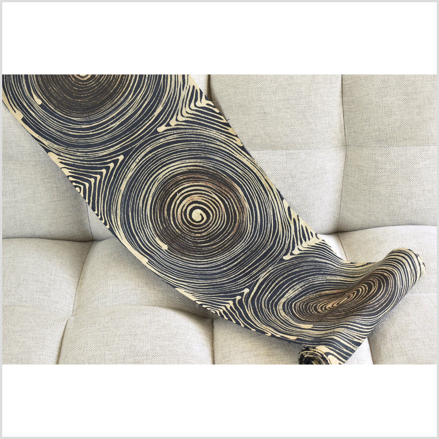Batik hemp roll, handmade, hand-painted circle swirl graphic runner, brown, black, beige geometric spiral design RN59