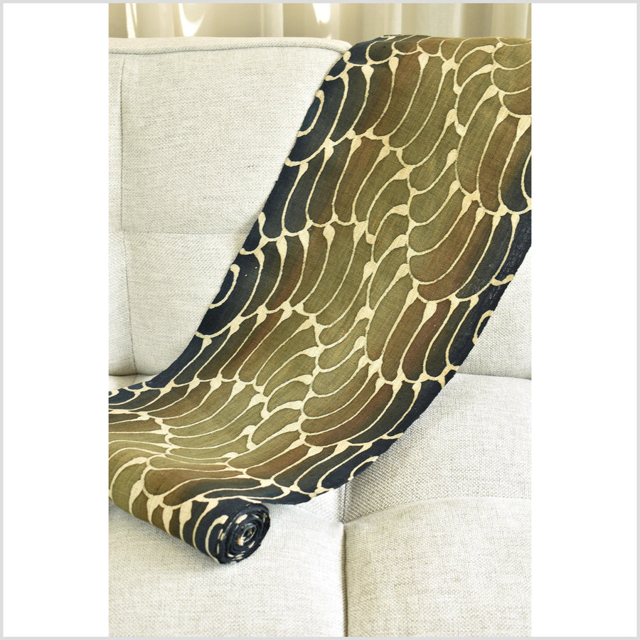 Batik hemp roll, handmade, hand-painted graphic water pattern runner, brown, black, olive, beige tribal psychedelic design RN53