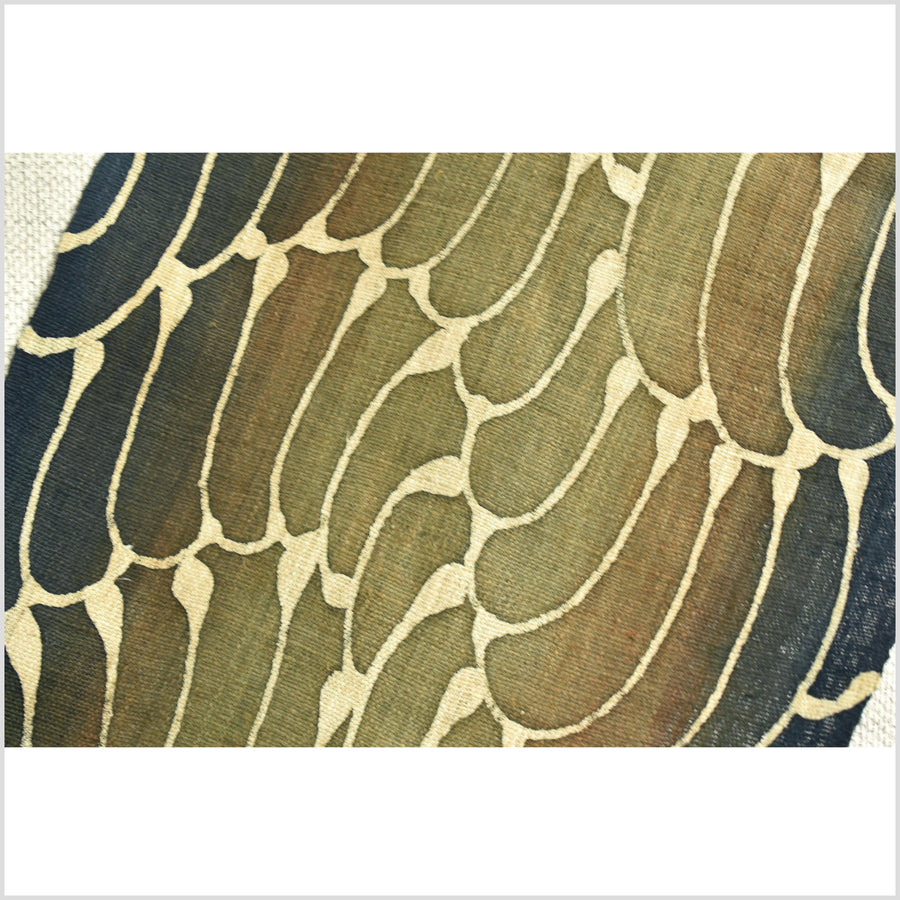 Batik hemp roll, handmade, hand-painted graphic water pattern runner, brown, black, olive, beige tribal psychedelic design RN53