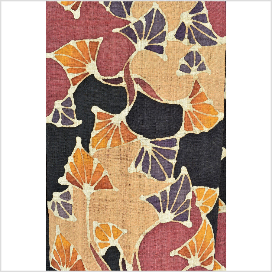 Batik hemp roll, handmade, painted botanical motif runner, orange, purple, yellow, beige floral nature design RB40