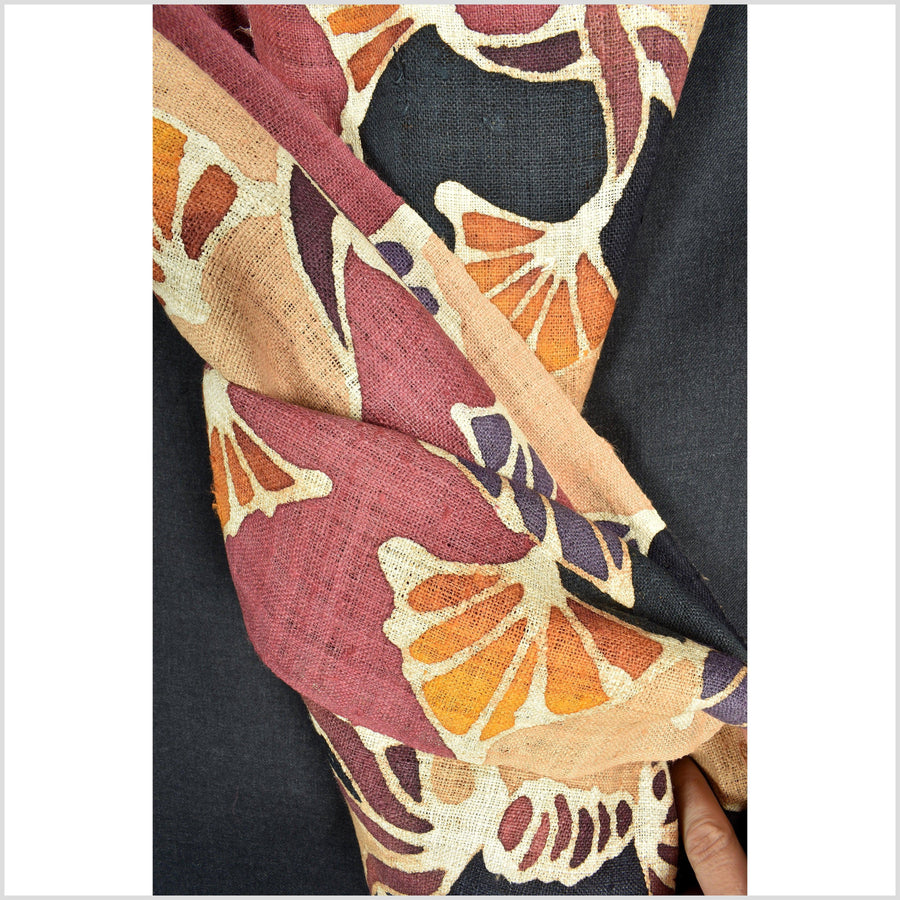 Batik hemp roll, handmade, painted botanical motif runner, orange, purple, yellow, beige floral nature design RB40