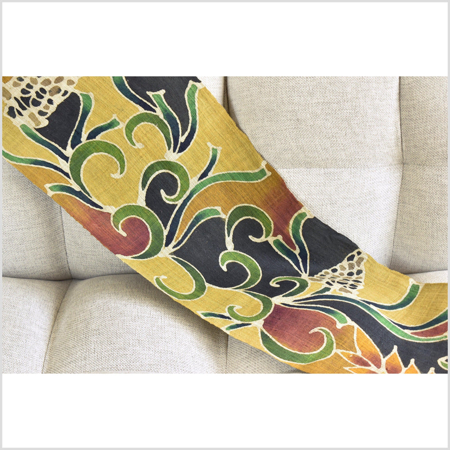 Batik hemp roll, handmade, painted botanical motif runner, yellow, green, orange, black, gold, beige floral nature design RN55