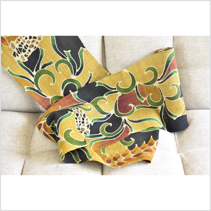 Batik hemp roll, handmade, painted botanical motif runner, yellow, green, orange, black, gold, beige floral nature design RN55