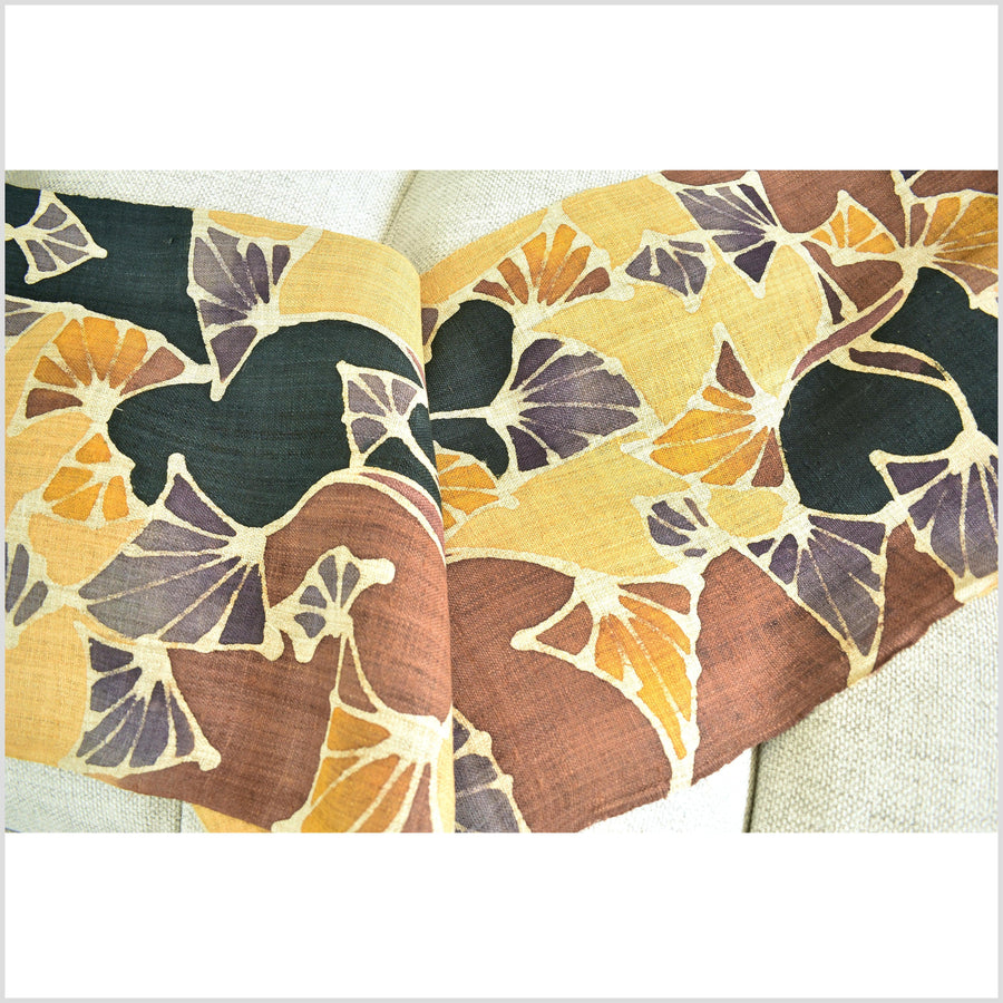 Batik hemp roll, handmade, painted botanical motif runner, yellow, orange, brown, black, beige, purple nature design RN63