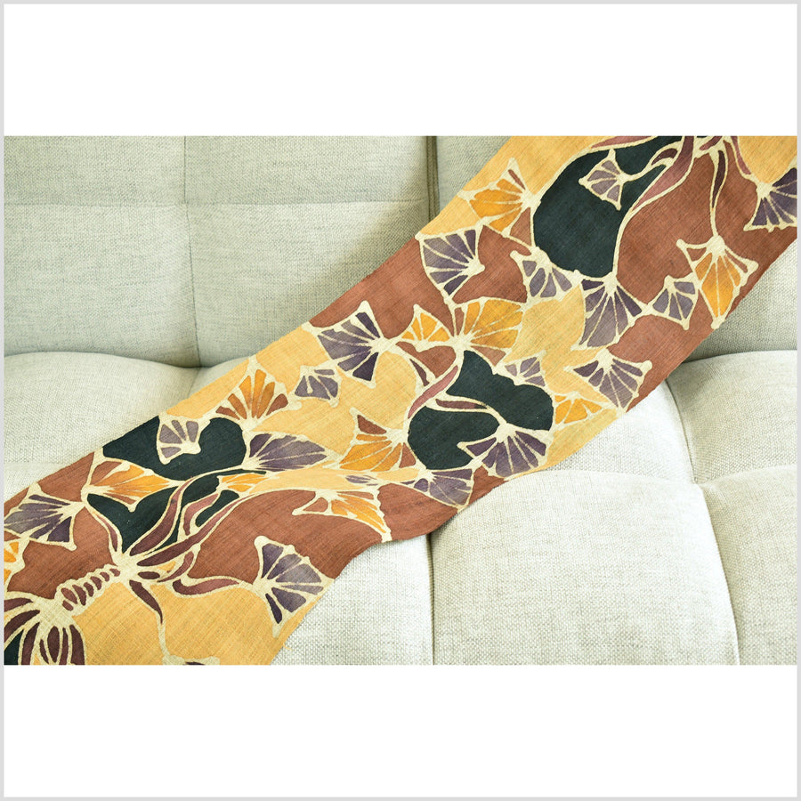 Batik hemp roll, handmade, painted botanical motif runner, yellow, orange, brown, black, beige, purple nature design RN63