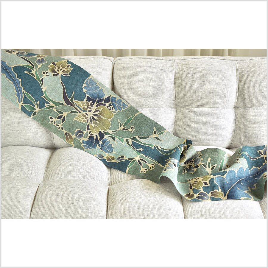 Batik hemp roll, handmade, painted flower motif runner, blue, teal, beige, green, navy botanical nature design RN57