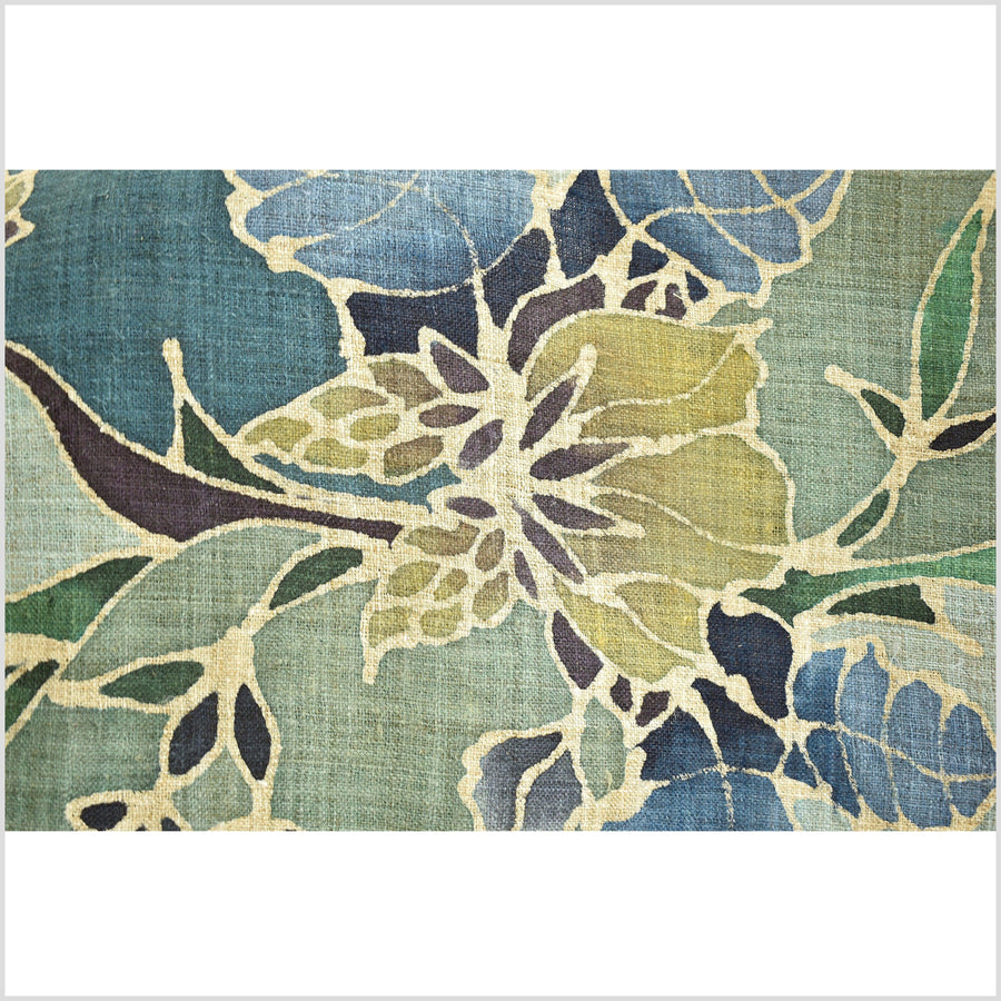 Batik hemp roll, handmade, painted flower motif runner, blue, teal, beige, green, navy botanical nature design RN57