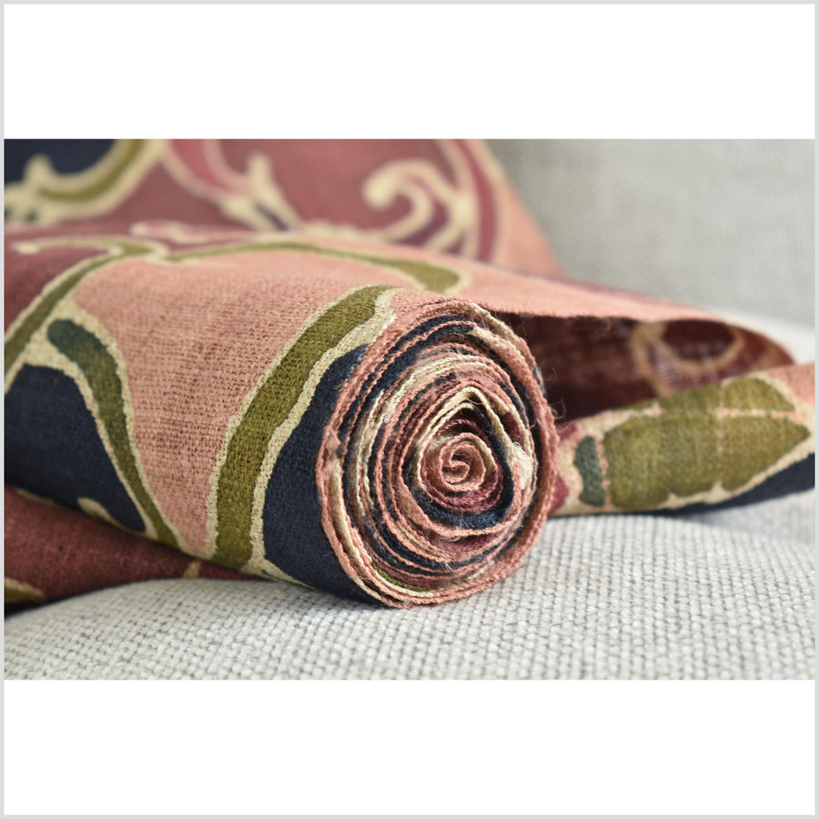 Batik hemp roll, handmade, painted flower motif runner, pink, blush, rose, green, black floral nature design RN58