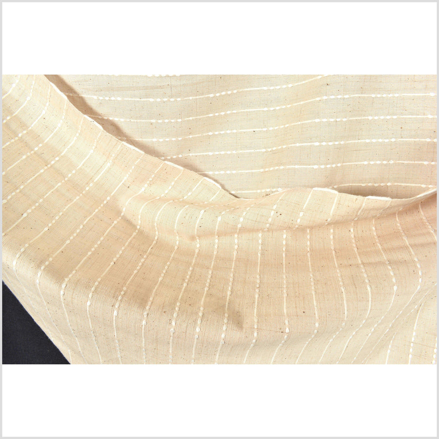 Beige handwoven cotton fabric with woven off-white striping, light/medium-weight, fabric by the yard PHA194