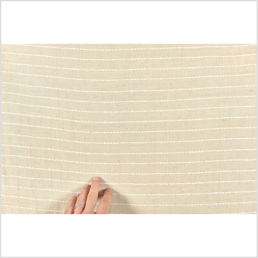 Beige handwoven cotton fabric with woven off-white striping, light/medium-weight, fabric by the yard PHA194
