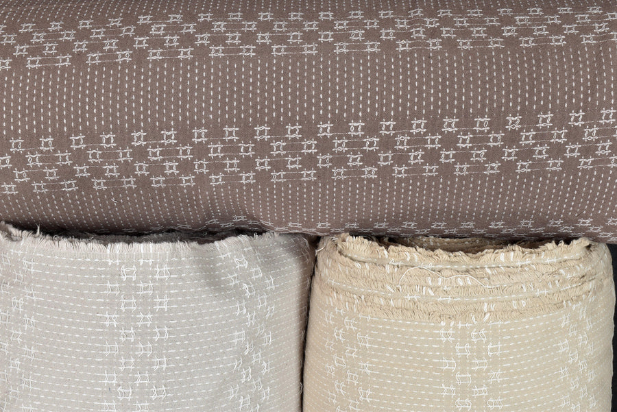 Beige mocha cotton fabric with raised striped embroidery in gray, medium weight poplin, geometric square pattern Thailand woven PHA243