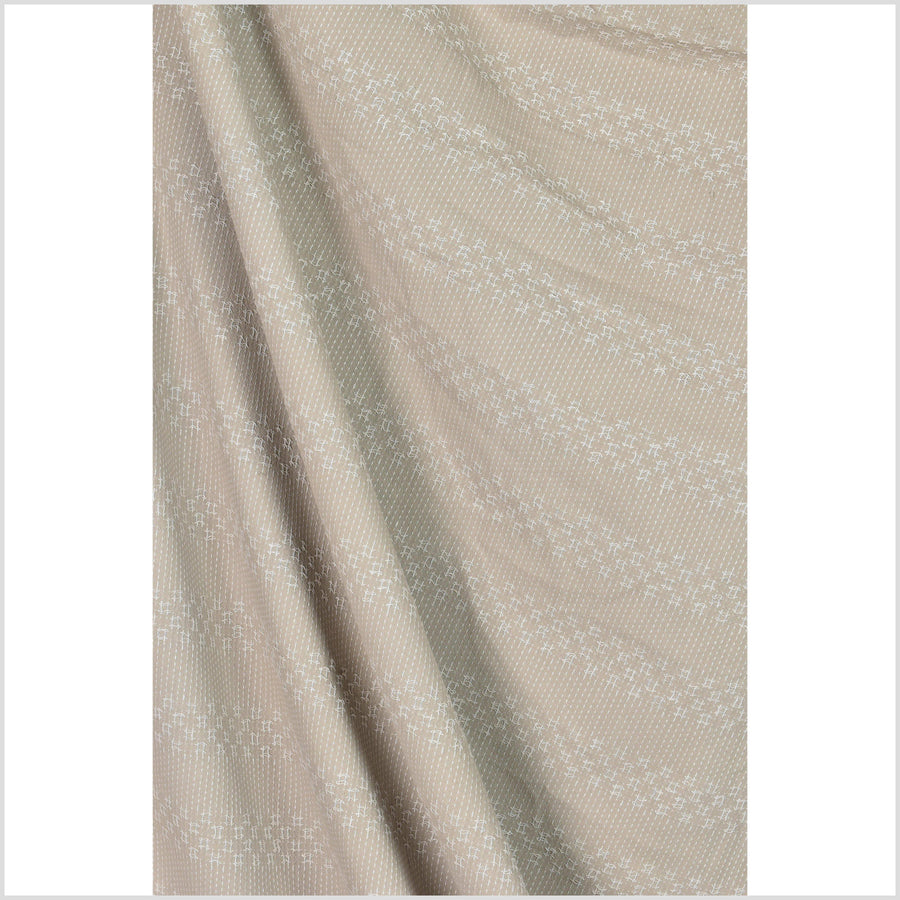 Beige mocha cotton fabric with raised striped embroidery in gray, medium weight poplin, geometric square pattern Thailand woven PHA243