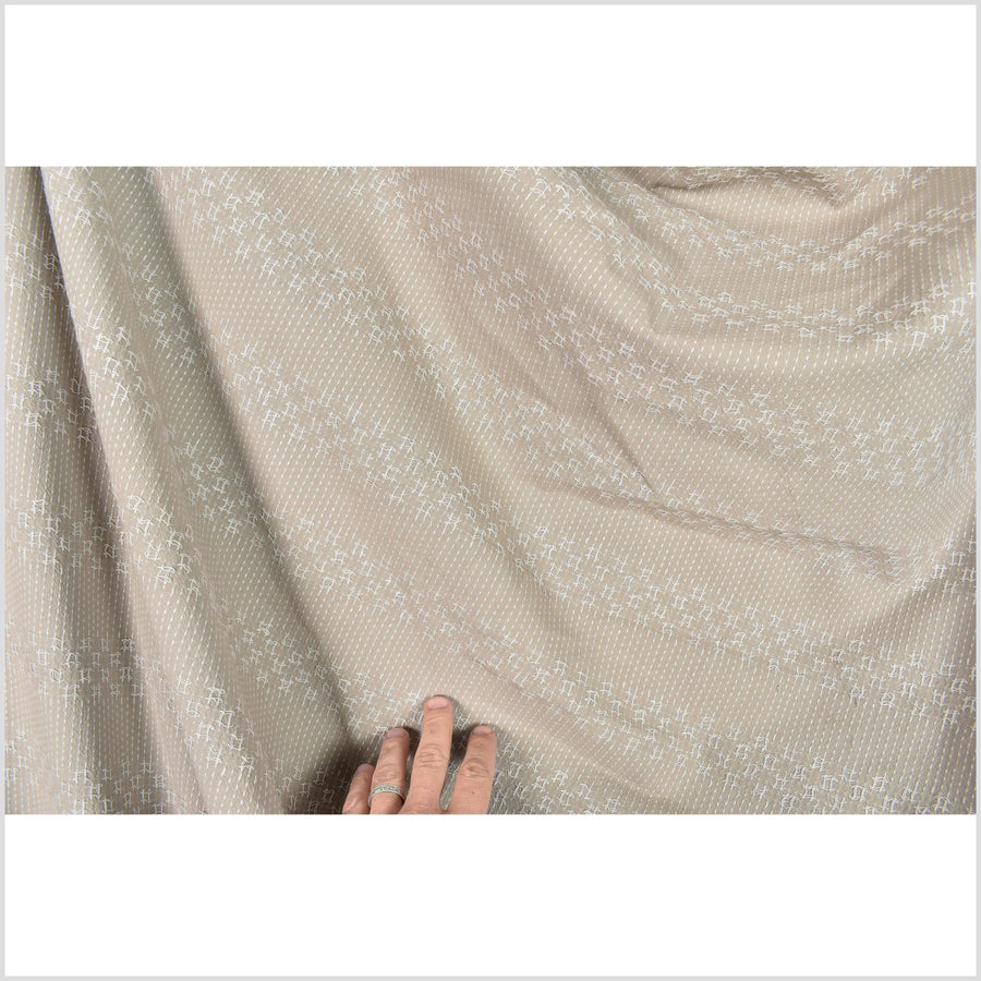 Beige mocha cotton fabric with raised striped embroidery in gray, medium weight poplin, geometric square pattern Thailand woven PHA243