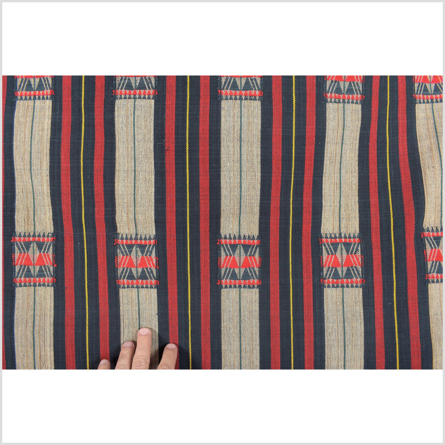 Beige red blue Naga ethnic textile, tribal home decor, handwoven cotton bed throw ZV78