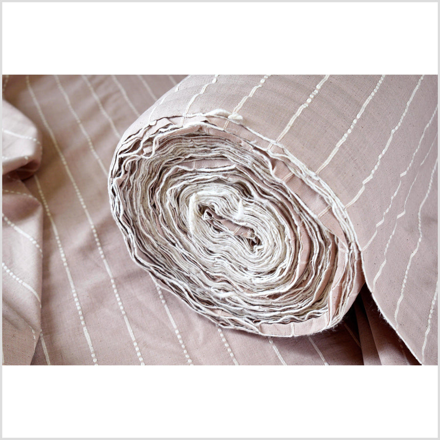 Beige touch of blush handwoven cotton fabric with woven white striping, medium-weight, fabric per yard PHA174