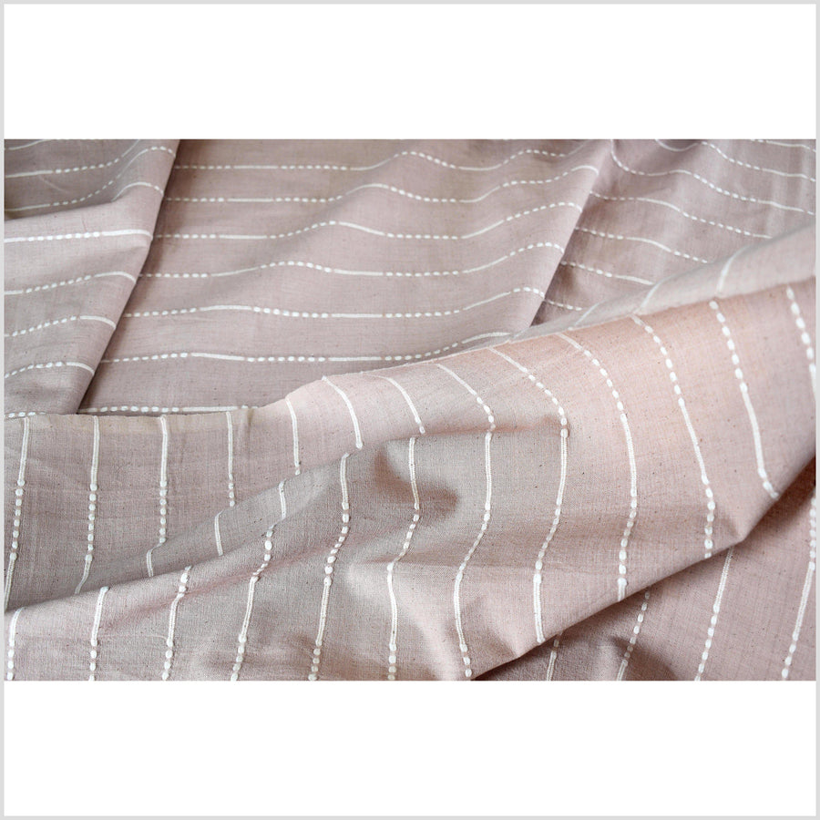 Beige touch of blush handwoven cotton fabric with woven white striping, medium-weight, fabric per yard PHA174