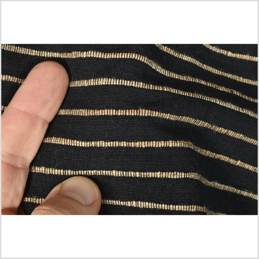 Black and tan/sepia stripe, big texture cotton fabric, raised ribbing, organic vegetable dye color, handwoven, Thailand craft supply PHA326