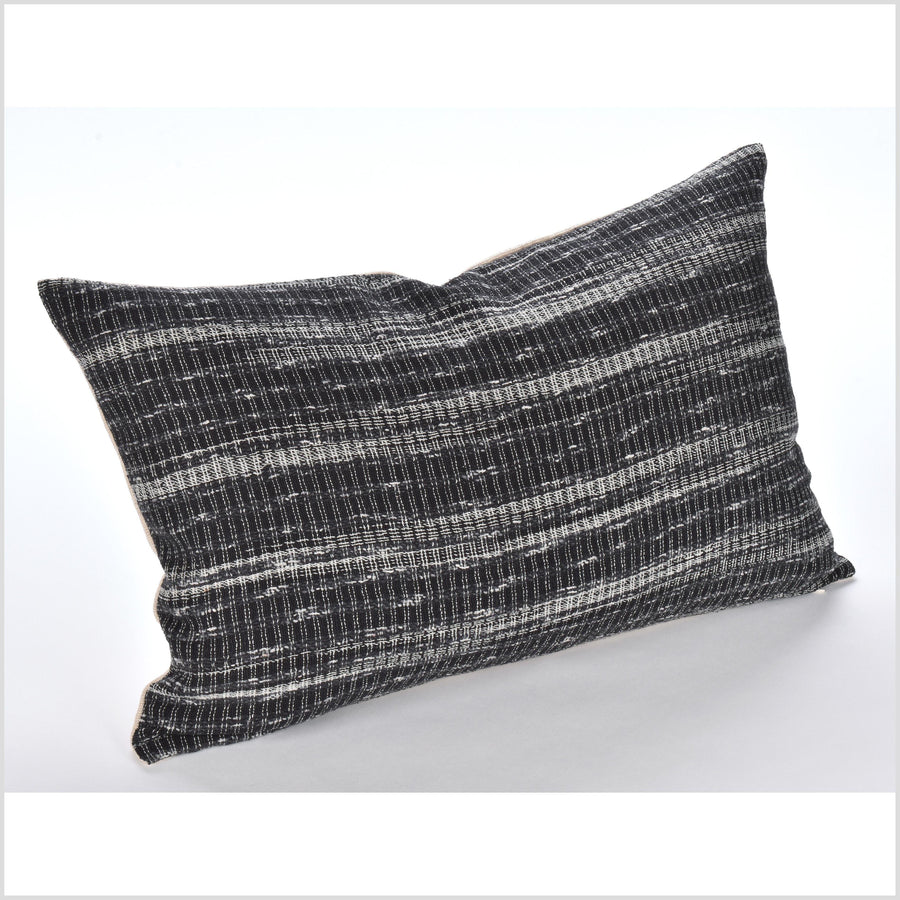 Black and white pillow, abstract stripe design, natural organic dye cushion, tribal ethnic pillowcase, Hmong hilltribe 22 inch lumbar, handwoven cotton, PP82