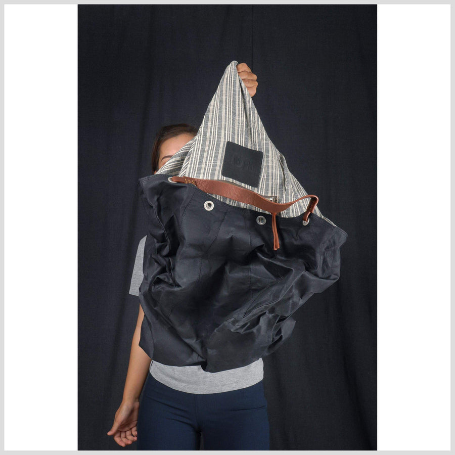 Black canvas beach bag wax black canvas tote bag canvas handbag leather handles zipper pockets large size elegant design stripe cotton lined
