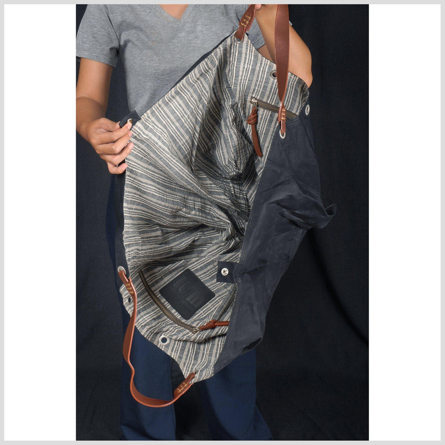 Black canvas beach bag wax black canvas tote bag canvas handbag leather handles zipper pockets large size elegant design stripe cotton lined