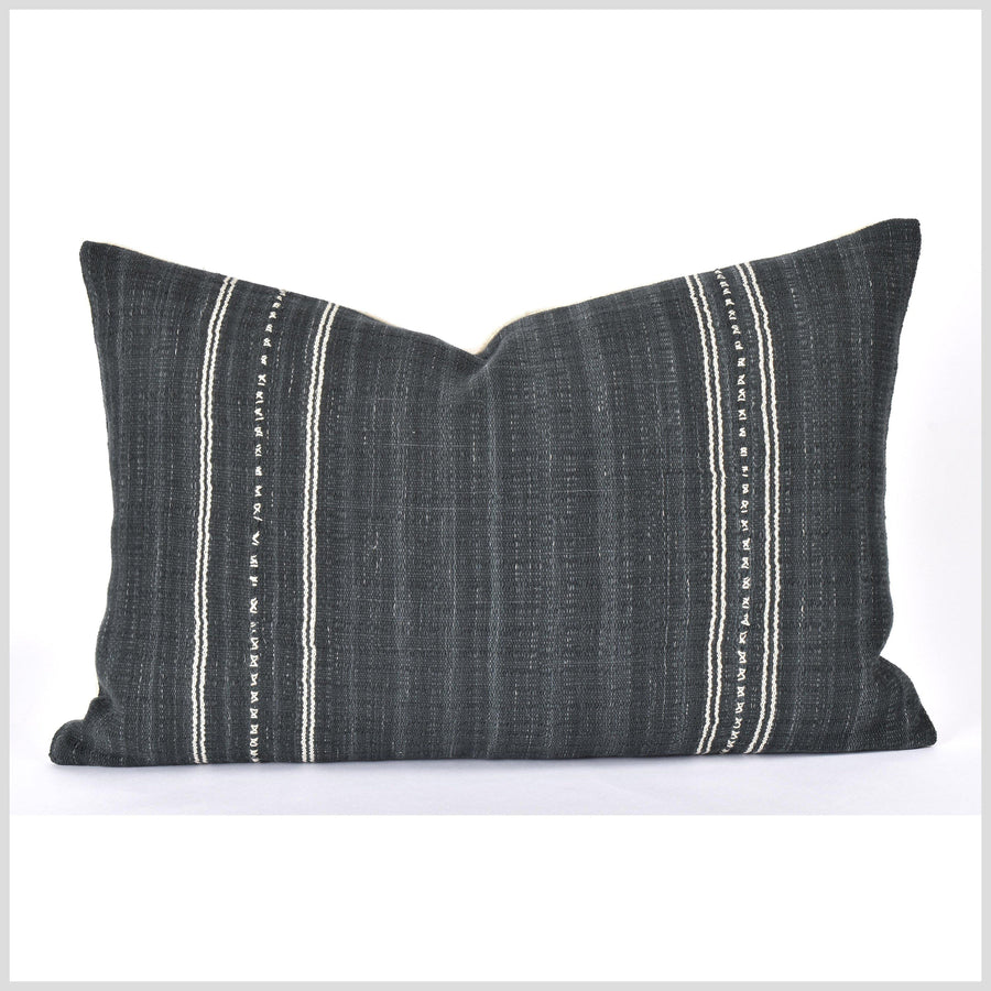 Black charcoal, off-white, natural organic dye cushion, tribal ethnic striped pillow, Hmong hilltribe 22 inches, handwoven cotton, PP27
