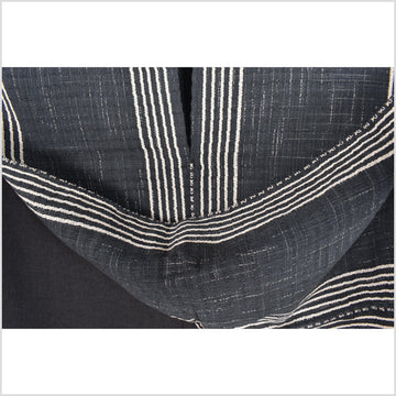 Black charcoal white stripe, natural organic dye cotton, handwoven tribal textile, Karen Hmong fabric, Thai ethnic throw MQ91