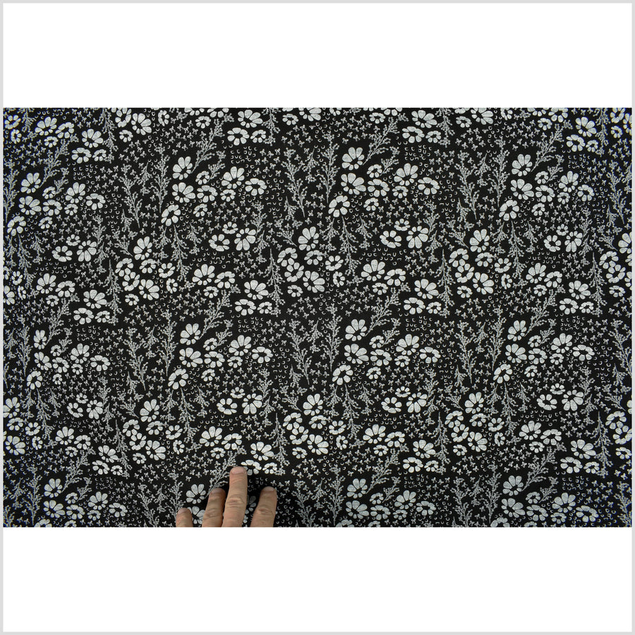 Black gray cotton fabric, gray flower floral nature screen print, bold graphic pattern, Thailand sewing craft, sold by the yard PHA307