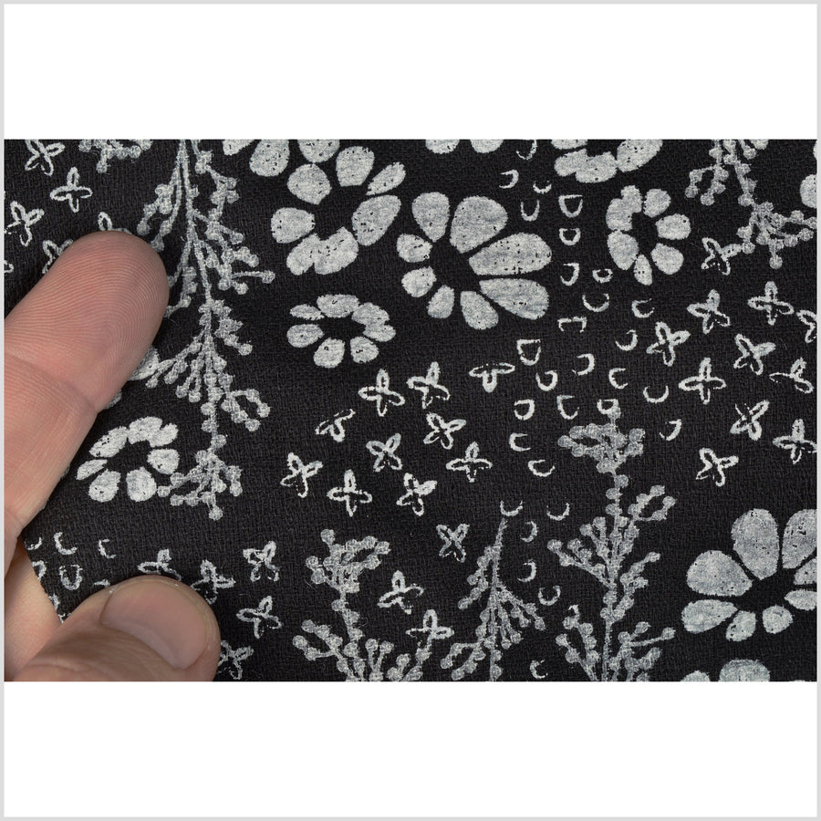 Black gray cotton fabric, gray flower floral nature screen print, bold graphic pattern, Thailand sewing craft, sold by the yard PHA307